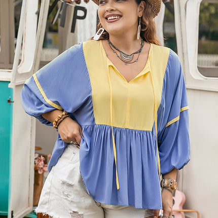 Plus Size Ruched Tie Neck Balloon Sleeve Blouse