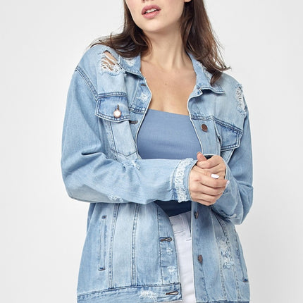 RISEN Full Size Distressed Long Sleeve Denim Jacket