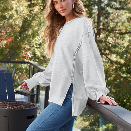 Slit Round Neck Long Sleeve Sweatshirt - Vickie Lynn's