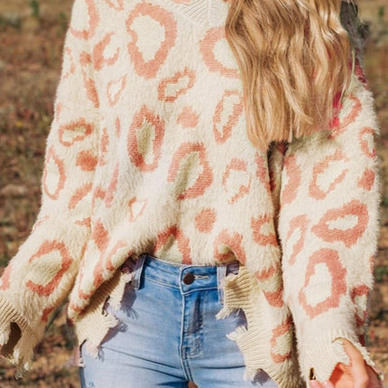 Distressed Trim Leopard V-Neck Sweater