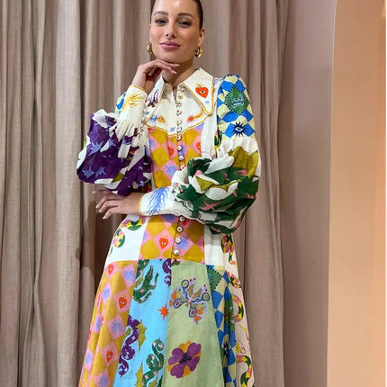 2023 Autumn Print Holiday Women Beach Dress With Belts A-line Long Lantern Sleeve Single Breasted Lapel Seaside Dresses Robe