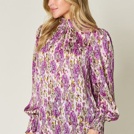 Double Take Full Size Printed Smocked Long Sleeve Blouse