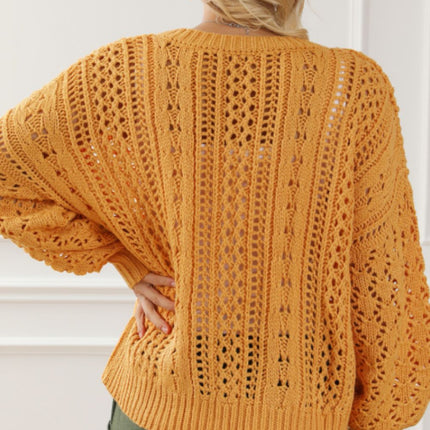 Openwork Round Neck Drop Shoulder Sweater