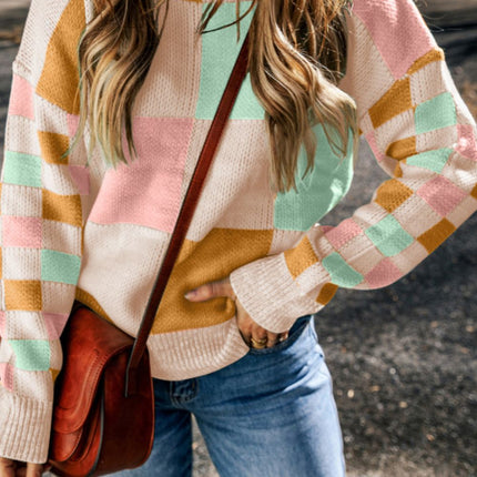 Checkered Round Neck Drop Shoulder Sweater