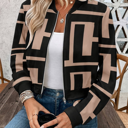 Geometric Baseball Collar Zip Up Jacket