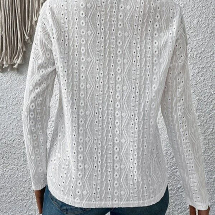 Eyelet Round Neck Long Sleeve Blouse