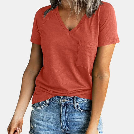 Pocketed V-Neck Short Sleeve T-Shirt