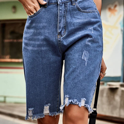 Raw Hem High Waist Denim Shorts with Pockets