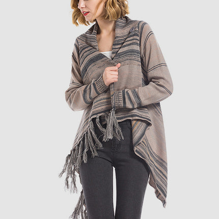 Angel Wings Tassel Striped Open Front Long Sleeve Cardigan