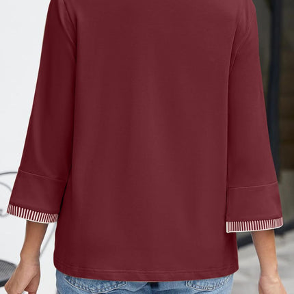 Contrast Trim Round Neck Three-Quarter Sleeve T-Shirt