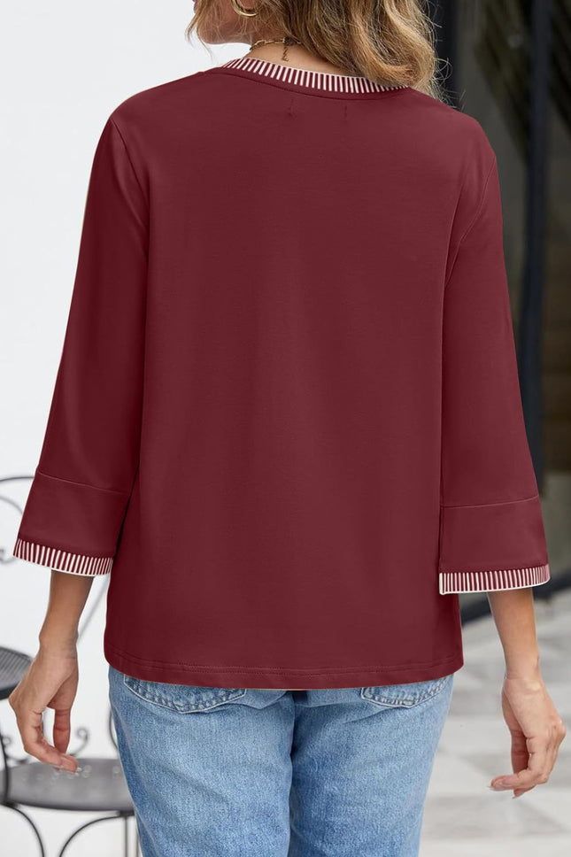 Contrast Trim Round Neck Three-Quarter Sleeve T-Shirt