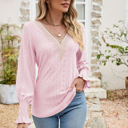 Eyelet V-Neck Smocked Flounce Sleeve Blouse