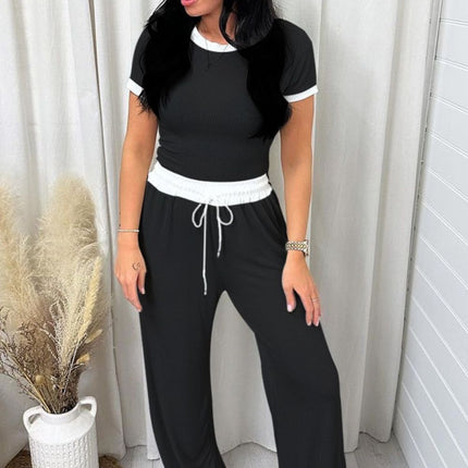 Contrast Trim Round Neck Top and Pants Set