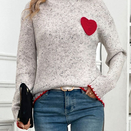 Perfee Contrast Heart Round Neck Long Sleeve Sweater