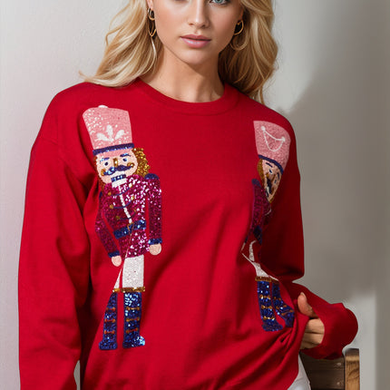 Double Take Full Size Nutcracker Sequin Long Sleeve Sweater