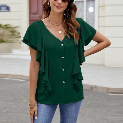 Ruffled V-Neck Short Sleeve Top