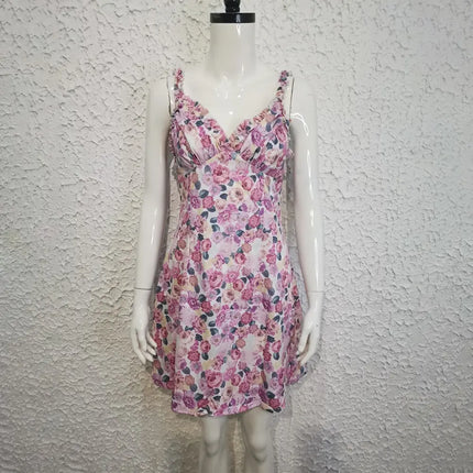 Women Floral Dress Romantic French Strap Dress Sexy Backless Short Dress Sleeveless Summer Holiday Sweet mini Dresses