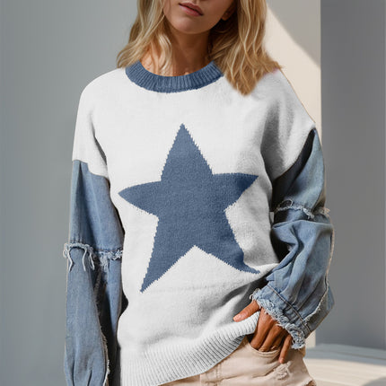 Double Take Full Size Star Pattern Raw Edge Long Sleeve Sweater