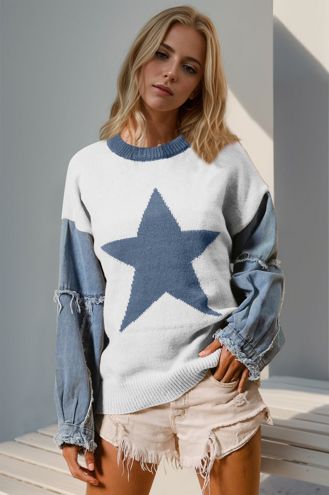 Double Take Full Size Star Pattern Raw Edge Long Sleeve Sweater - Vickie Lynn's