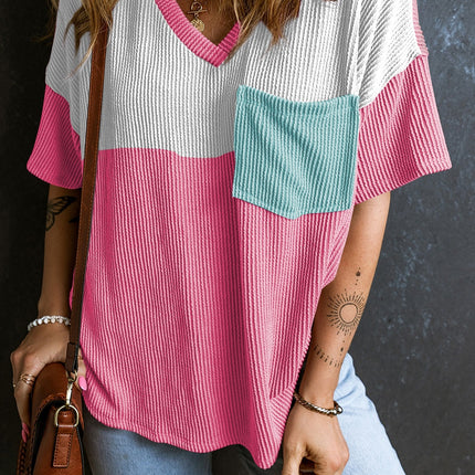 Color Block V-Neck Short Sleeve T-Shirt