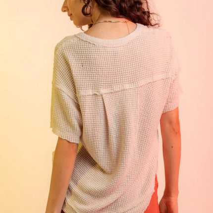 Waffle-Knit Notched Half Sleeve T-Shirt