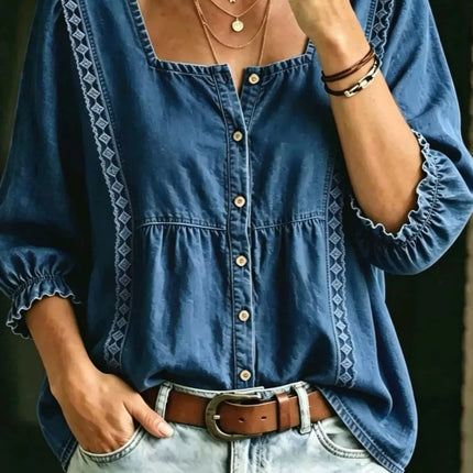 Full Size Square Neck Button-Down Denim Shirt Plus Size