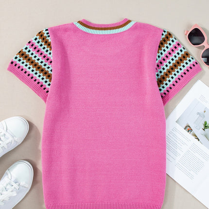 Contrast Round Neck Short Sleeve Knit Top