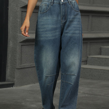 Half Elastic Waist Straight Leg Jeans