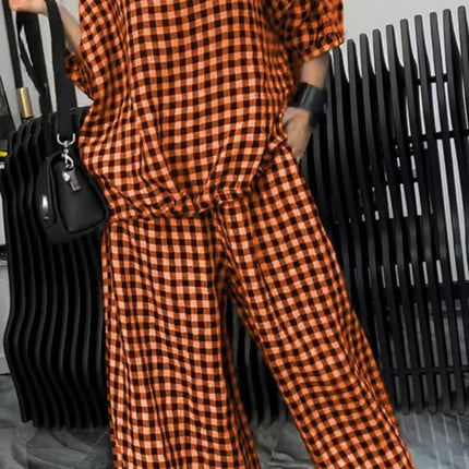 Full Size Plaid Round Neck Half Sleeve Top and Pants Set