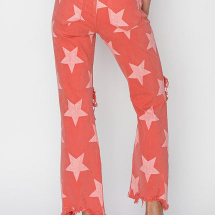 RISEN Full Size Distressed Raw Hem Star Pattern Jeans