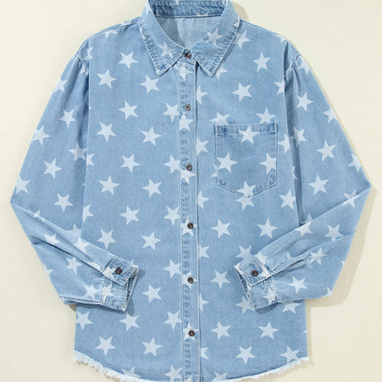 Raw Hem Star Collared Neck Denim Top