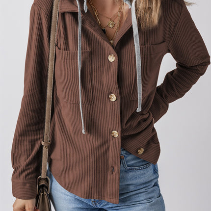 Drawstring Button Up Long Sleeve Hooded Jacket - Vickie Lynn's