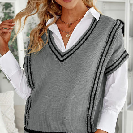 Striped Trim V-Neck Sweater Vest