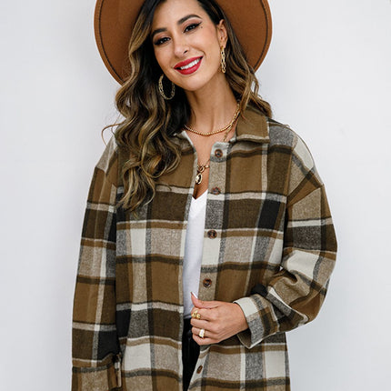 Shiny Plaid Button Up Collared Neck Jacket