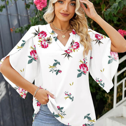 Printed Notched Half Sleeve Blouse