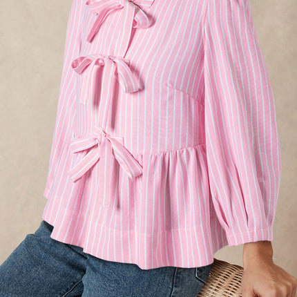 Tied Bow Striped Round Neck Blouse