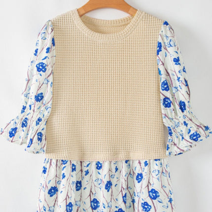 Waffle-Knit Printed Round Neck Flounce Sleeve Blouse