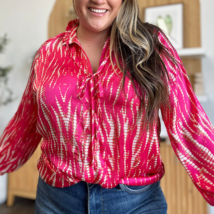 Double Take Full Size Printed Button Up Long Sleeve Shirt - Vickie Lynn's
