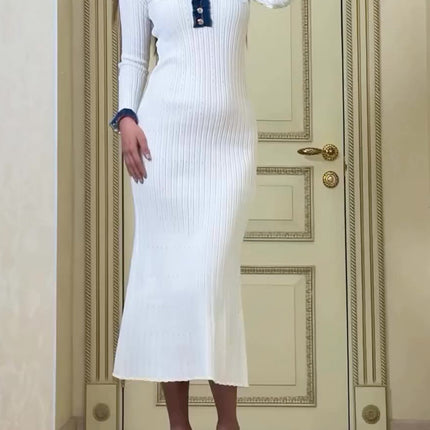 Contrast Trim Round Neck Long Sleeve Sweater Dress