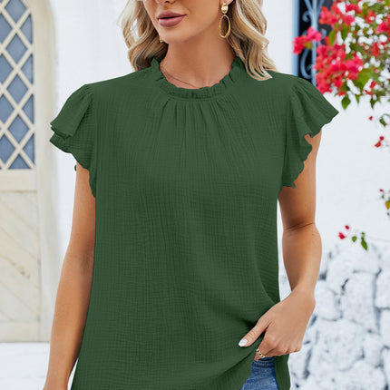 Ruffled Round Neck Cap Sleeve Blouse