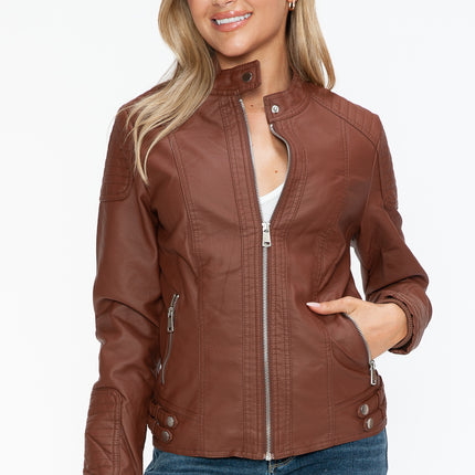 Snobbish Faux Leather Biker Jacket with Side Zip Pockets