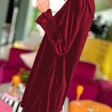 Full Size Mock Neck Smocked Long Sleeve Mini Dress