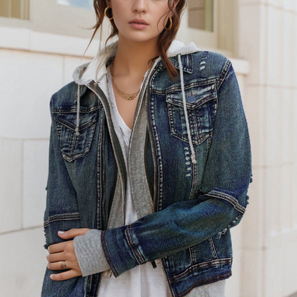 Fake Two-Piece Hooded Zip-Up Denim Jacket