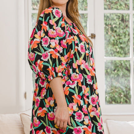 ODDI Full Size Floral Puff Sleeve Mini Dress