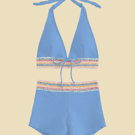 Backless Textured Halter Neck Two-Piece Swim Set