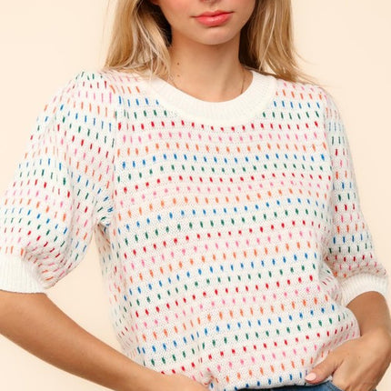 Haptics Round Neck Half Sleeve Multi Color Knit Top