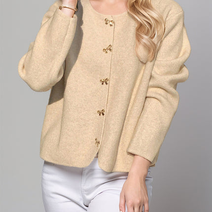 Bow Button Down Round Neck Long Sleeve Cardigan