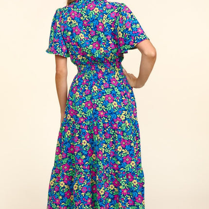 Haptics Printed Notched Short Sleeve Dress with Pockets