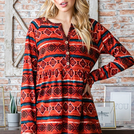 Heimish Full Size Geometric Button Detail Long Sleeve Babydoll Top