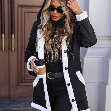 Contrast Button Up Hooded Coat